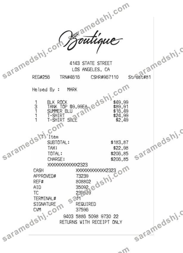 BOUTIQUE payment receipt
